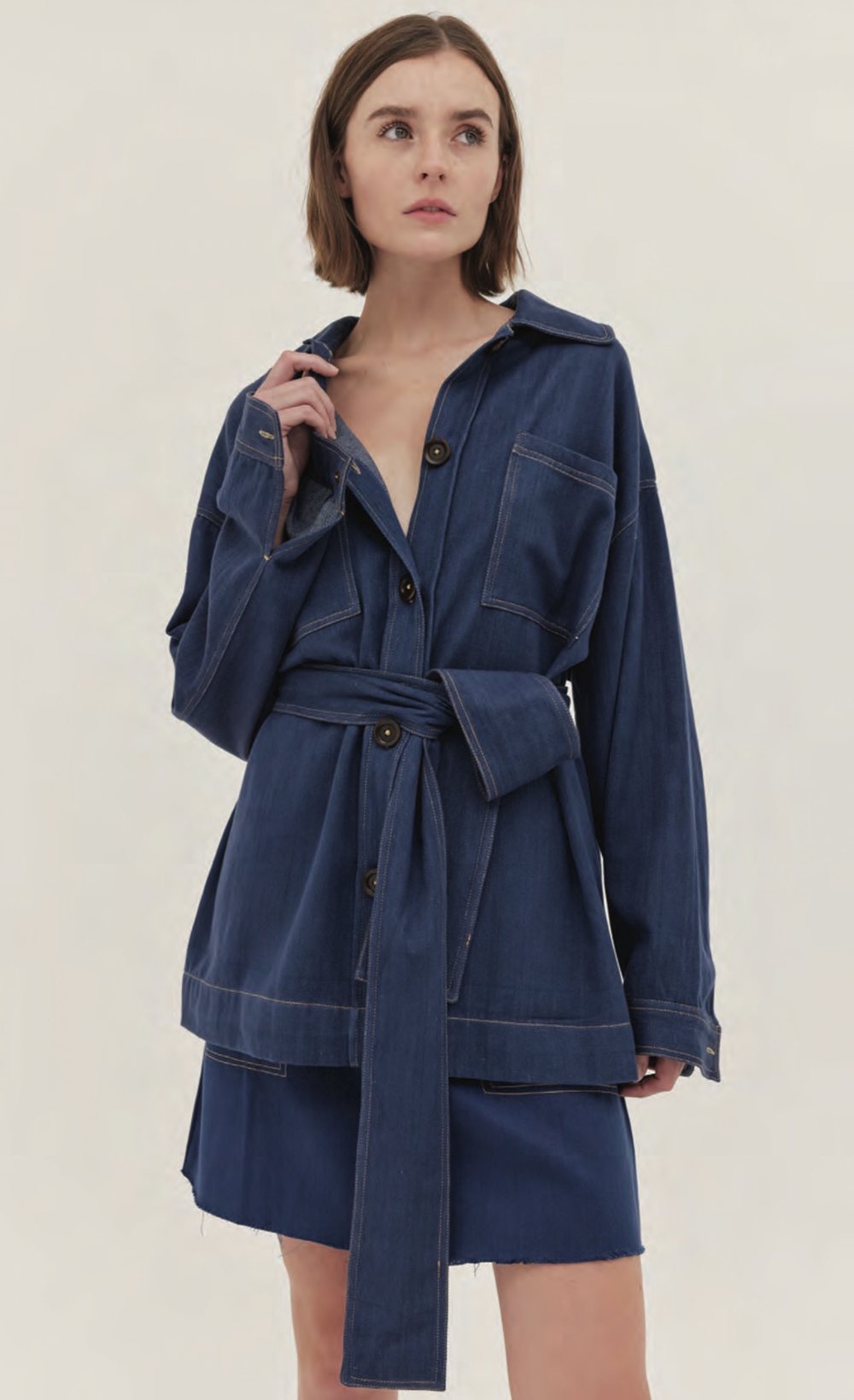 Indigo belted jacket and shorts co-ord