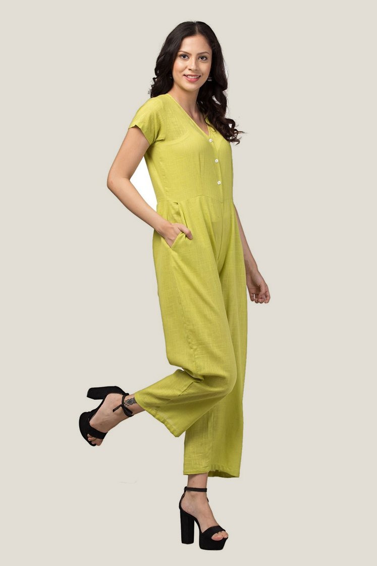 Olive linen jumpsuit with button placket